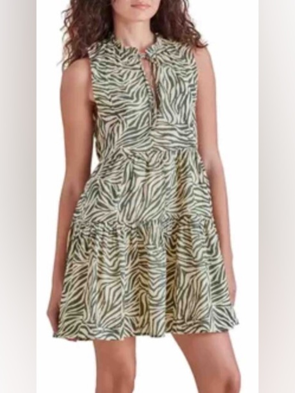 Steve Madden Cotton Green & Cream Zebra Tiered Dress